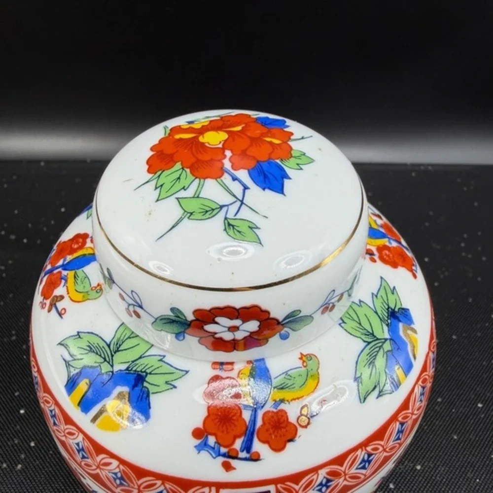 Vintage Porcelain Ginger Jar Floral Bird‎ Chinoiserie Lidded Vase Gilt 5 Inch